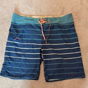 Patagonia Teal and Navy Striped Board Shorts, Size 35